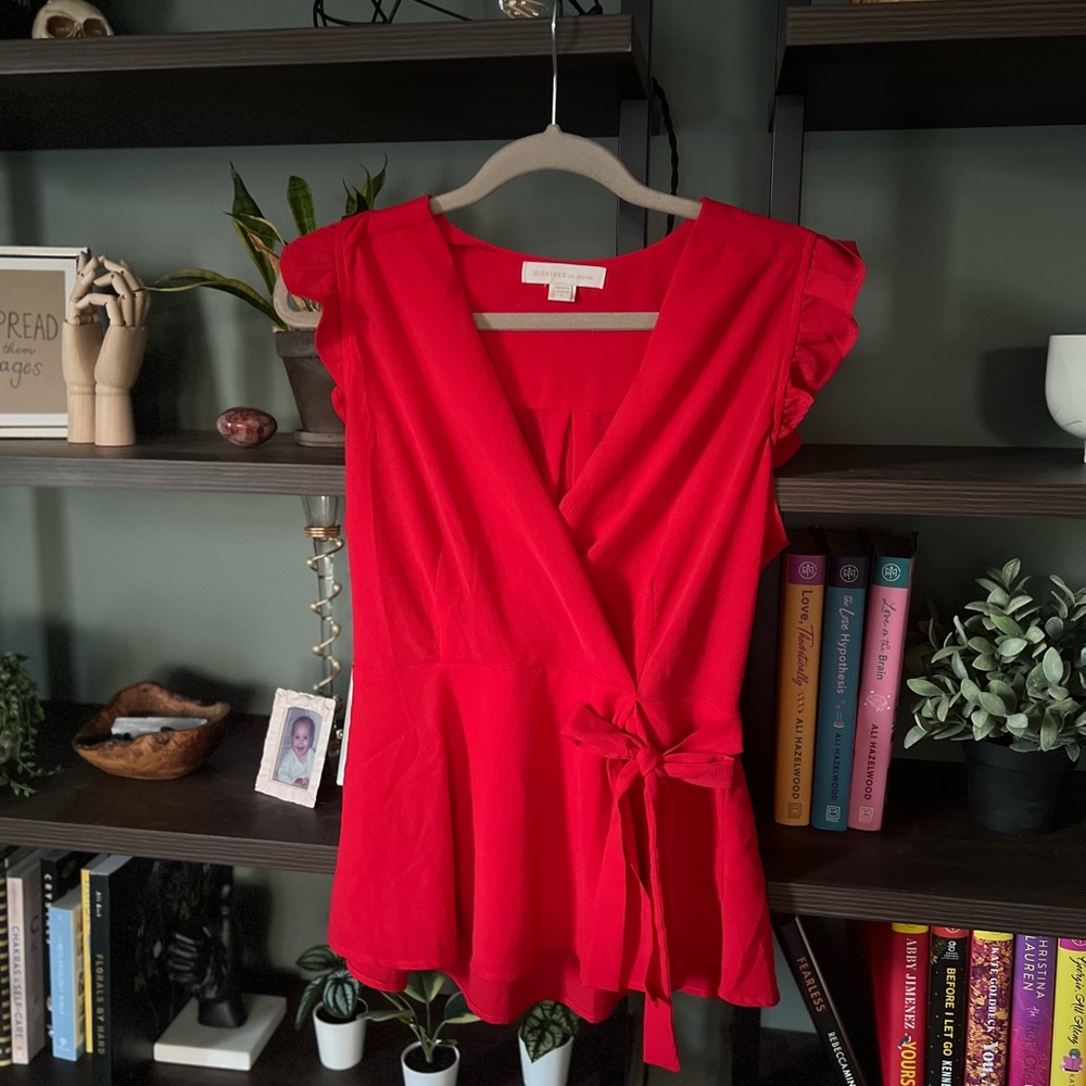 Monteau - Red Peplum Wrap Top Ruffled Sleeves - Size L